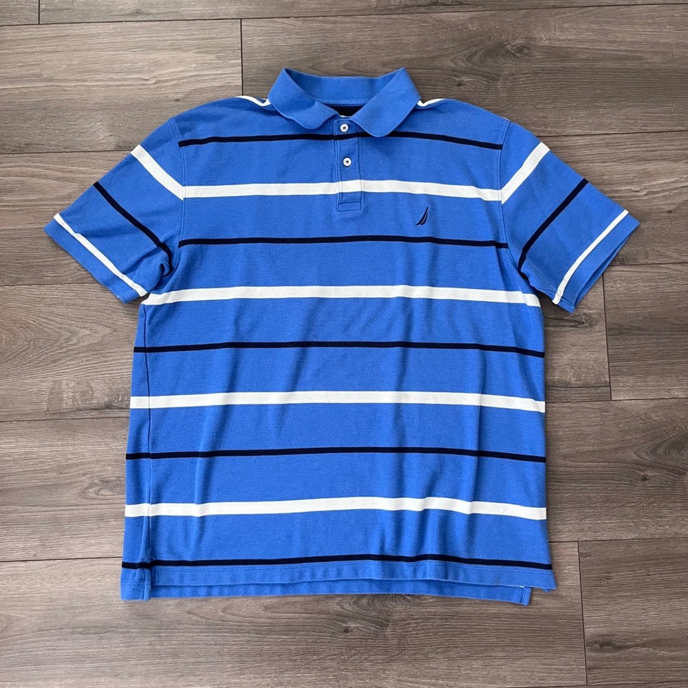 Nautica Mens XL Performance Deck Shirt Blue Striped Short Sleeve Polo Pique